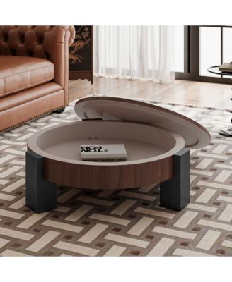 Round Coffee Table with Hidden Storage - Wood Parquet Veneer Top Table, 3 Block Legs, Center Accent Table for Living Room.