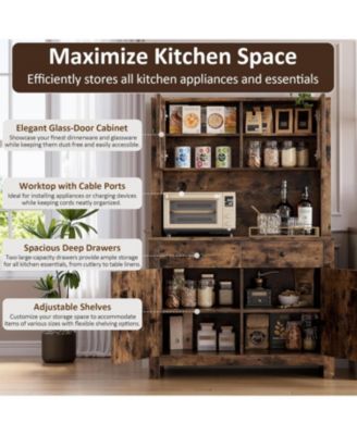 Kitchen Cabinet with Microwave Stand & Drawers, Large Storage Hutch with Adjustable Shelves, Freestanding Coffee Bar Station for Kitchen