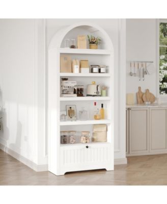 71" Tall Arched Book Shelf, 6 Tier Freestanding Bookshelf with Drawer and Open Display Shelves, Mid Century Modern Arched Bookcase