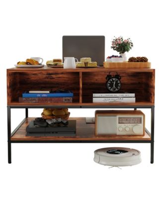 Flip-Top Coffee Table - Farmhouse Center Table with Hidden Compartment and Shelves for Living Room
