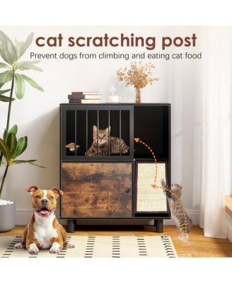 Black Vintage Cat Feeding Station – Locker with Storage & Built-in Cat Scratching Board