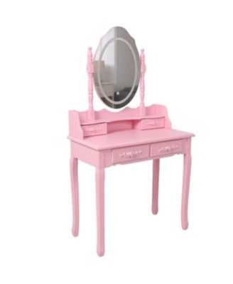 Princess Vanity Desk Set with Mirror Cushioned Stool Light Modes 4 Drawer Wooden Makeup Vanity Table for Girls Bedroom