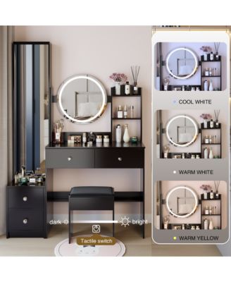 Contemporary Large Capacity Tri Color Vanity Table with Bedside Cabinet Mirror and Cushioned Stool
