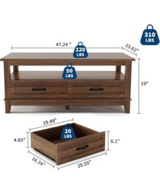 Farmhouse Coffee Table with Drawers, Center Table Rustic Coffee Tables Living Room Table, with Open Shelf and 6 Support