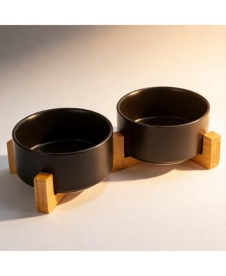 Ceramic Dog Cat Bowl Set with Wooden Stand Modern Weighted Food Water
