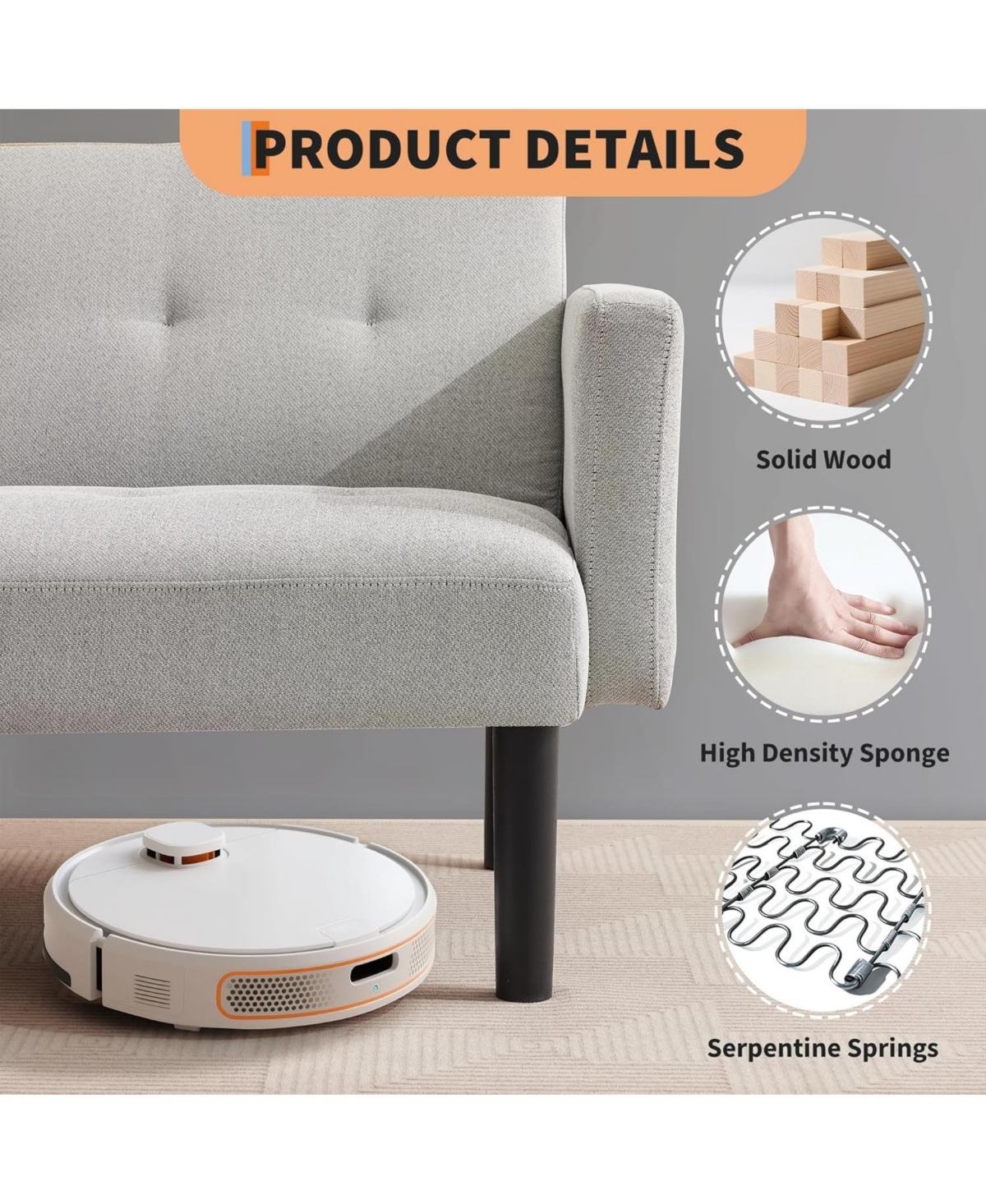 gaomon Convertible Futon Sofa Bed, 75.5" Linen Flannel Loveseat Couch Bed With Solid Wood Legs & 700lbs Capacity