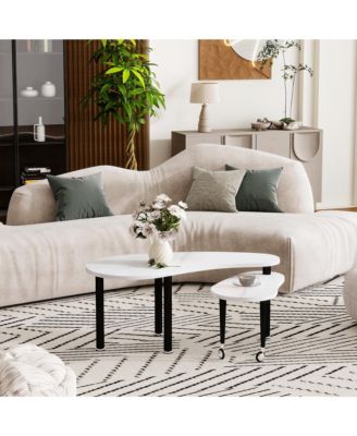 360° Rotatable Coffee Table, Nesting Coffee Tables with Swivel Function, Modern Wood Oval Center Table for Living Room