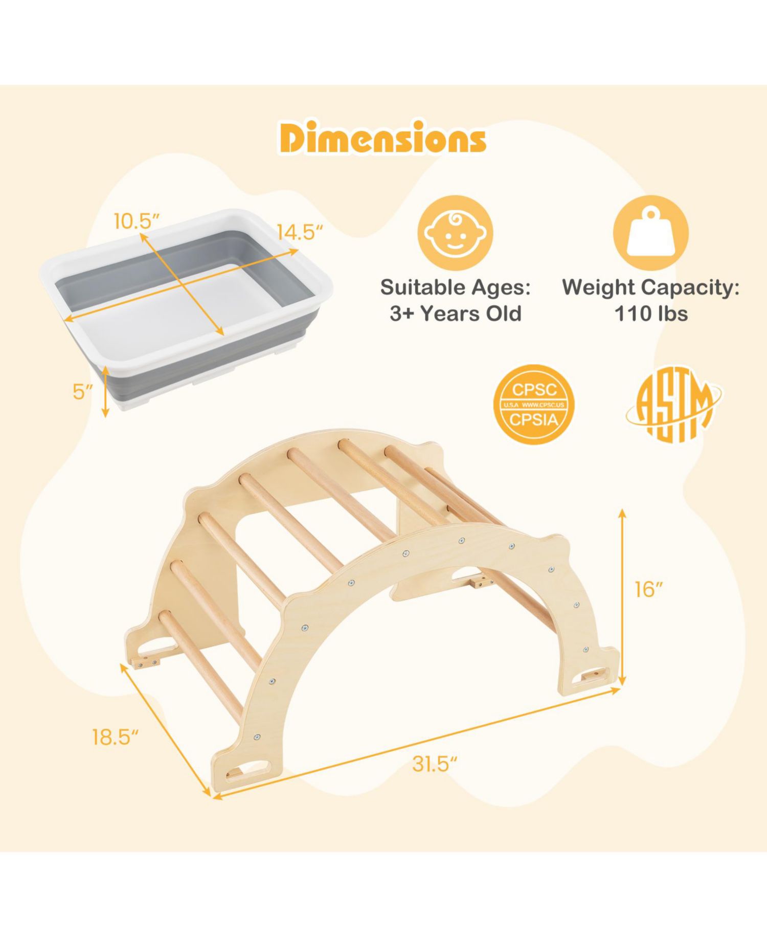 8-in-1 Kids Climbing Arch with Beech Wood Collapsible Storage Bin, 2-Piece Set