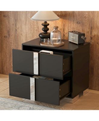 Luxurious Contemporary Nightstand with 2 Drawers Glass Top Bedroom Storage Furniture