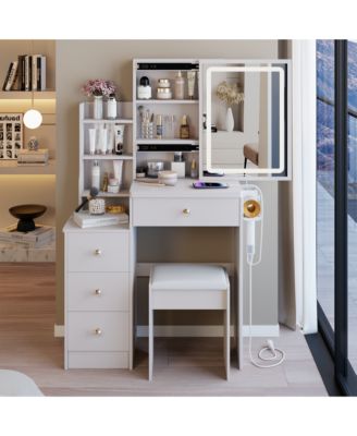 Modern Nightstand with Storage Space and LED Light Glass Top Jewelry Storage Bedside Table