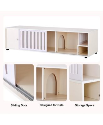 Modern Cream White TV Stand & Cat Litter Box Enclosure with Sliding Door