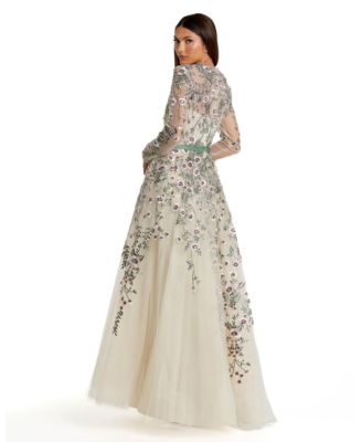 Women's Long Sleeve Floral Embellished A-Line Gown