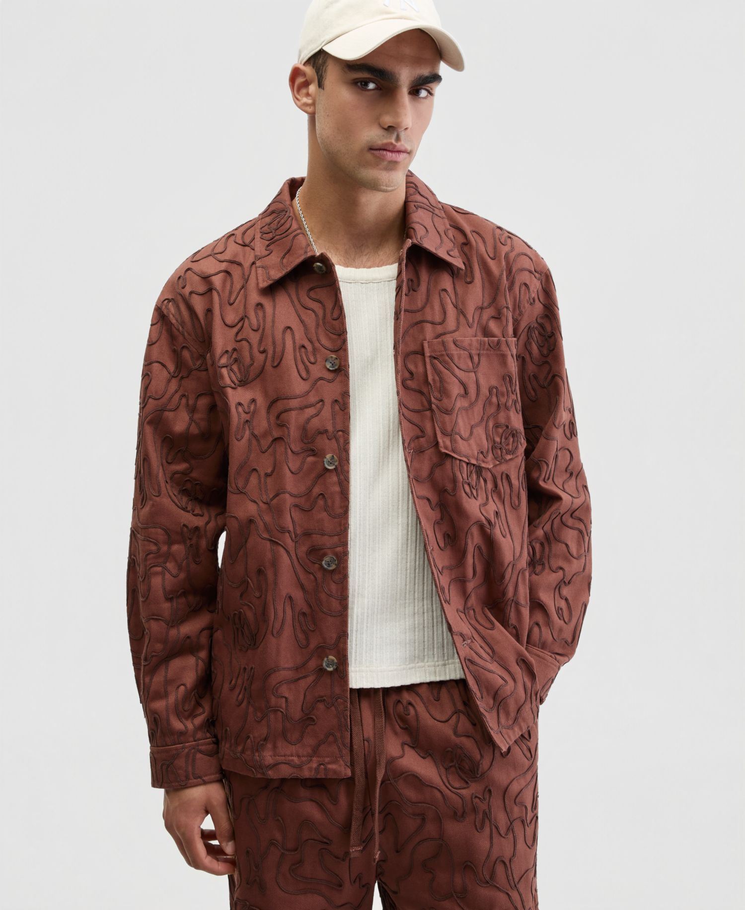 Men's Floral Embroidered Cotton Shacket