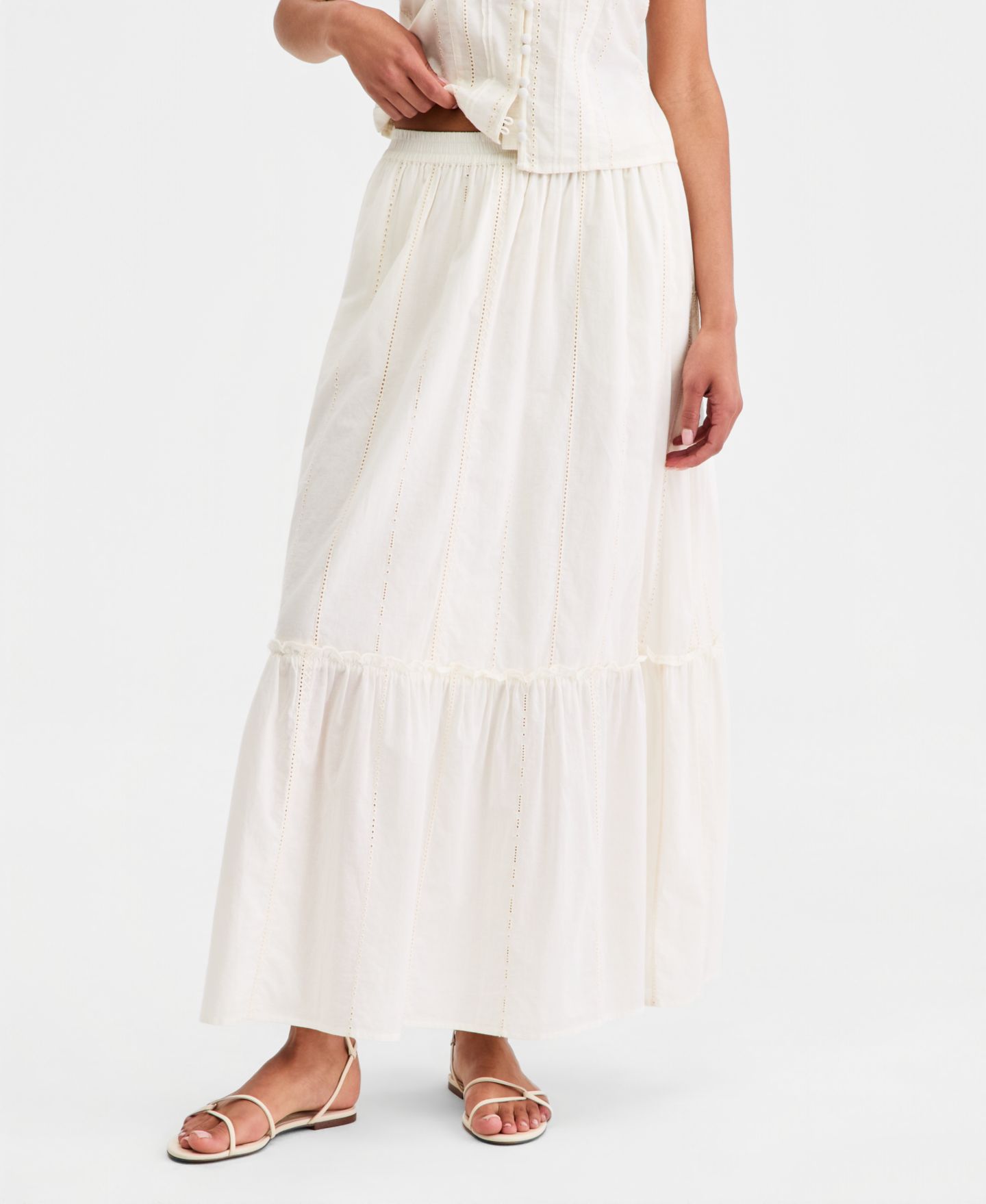 Женская юбка Liverpool Los Angeles Embroidered Tiered Cotton Pull-On Maxi, цвет: Кремовый полосатый — фото 2