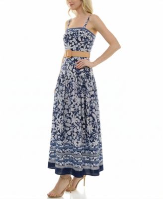 Women's Belted Drop Waist Square Neck Floral Dress