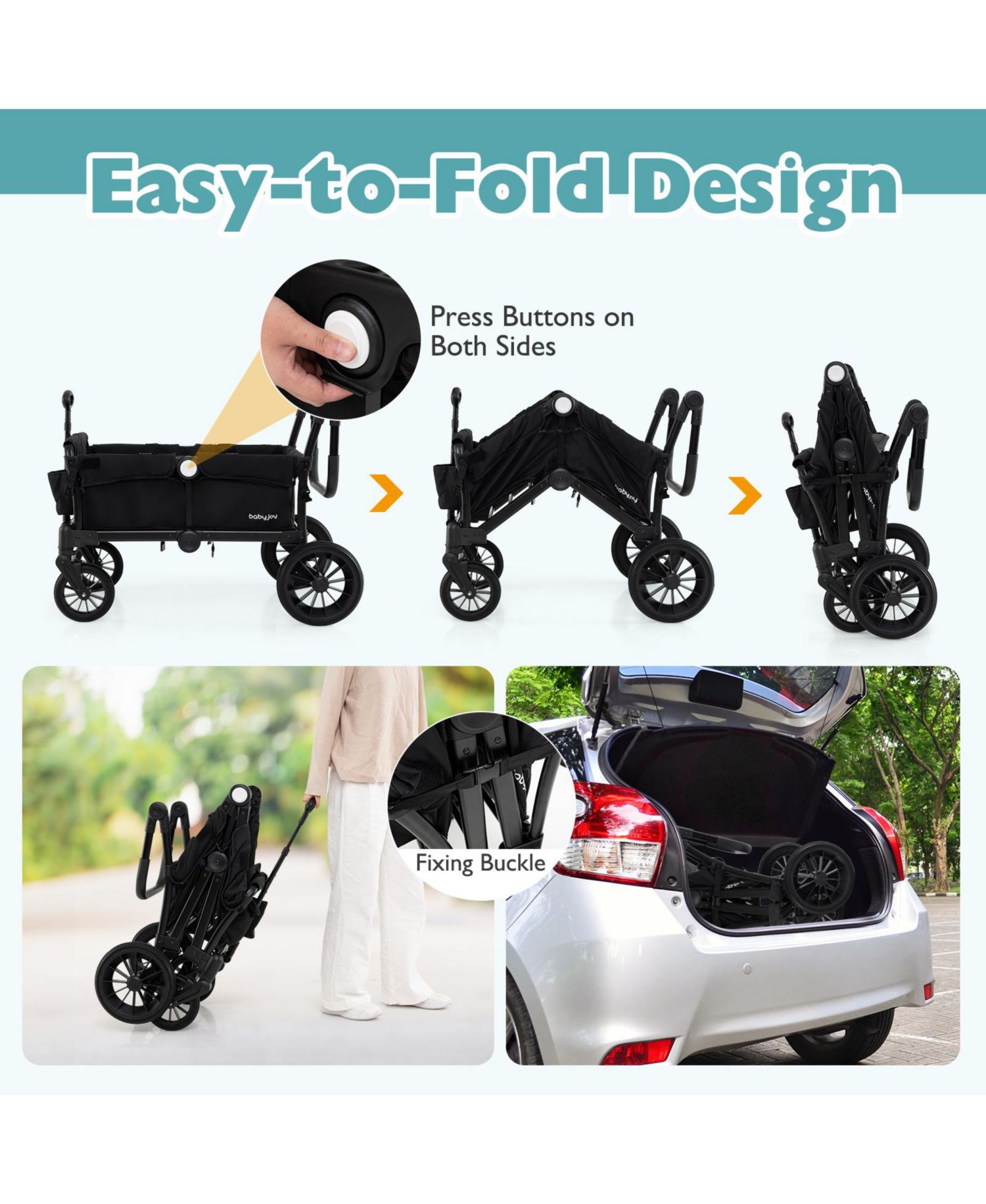 Wagon Stroller for 2 Kids Push Pull Double Stroller w/ Adjustable Handle