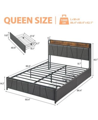 Bed Frame with 2 Drawers Storage Headboard Charging Station No Box Spring Needed