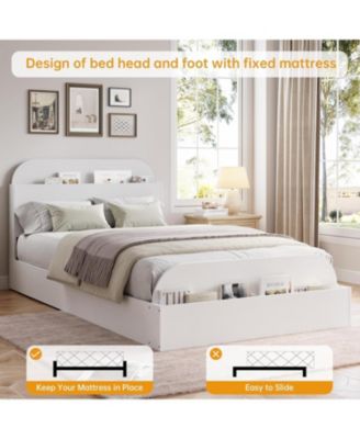 Bed Frame with Storage Headboard and Raised Footboard Low Platform Wood Slats No Box Spring
