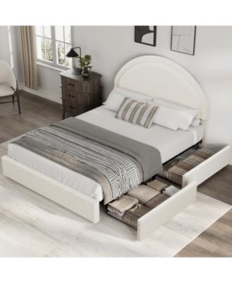 Queen Bed Frame Storage Drawers Upholstered Boucle Platform with Round Headboard Heavy Duty No Box Spring
