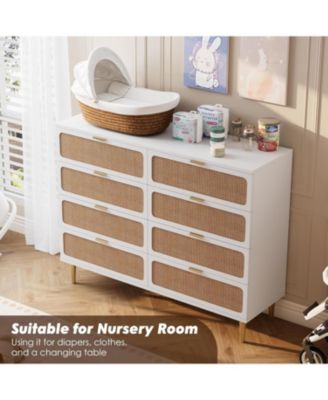 Rattan 8 Drawer Dresser Tall Modern Closet Deep Storage for Bedroom