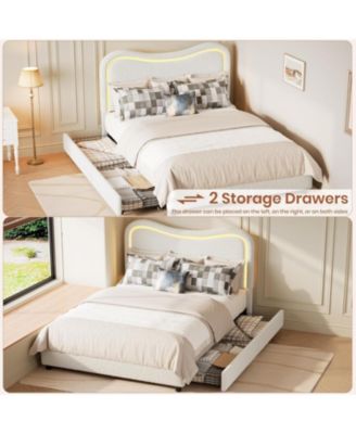 Twin LED Upholstered Platform Bed for Kids, 2 Drawers, Storage Headboard, Sturdy Wood Slats, Noise-Free