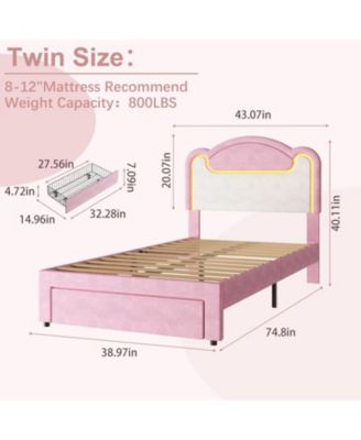 Twin Upholstered Bed Frame with LED and Storage Drawers, Fabric Headboar, Princess Design