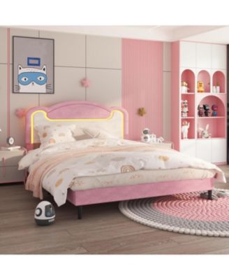 Full Upholstered Platform Bed with LED and Fabric Headboard, Princess Style, Wood Slats