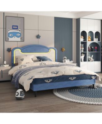 LED Upholstered Platform Bed, Princess Style, Fabric Headboard, Wood Slats,No Box Spring