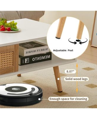 Rattan Coffee Table, Rectangle Wooden Center Tables with Sliding Door and Solid Wood Legs for Living Room, Home Office