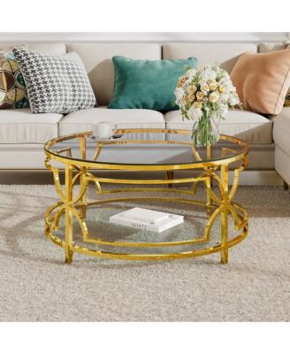 Round Tempered Glass Coffee Table, Modern 2-Tier Center Table, Luxurious Geometric Metal Frame for Living Room, Transparent