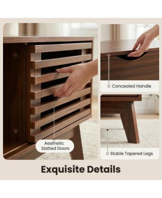 Lift Top Coffee Table with Storage, Mid Century Modern Center Table with Sliding Slatted Door and Hidden Compartment for Living Room