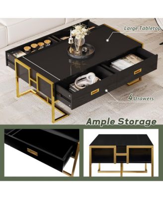 Rectangular Coffee Table, Modern 47.4" Center Table with 4 Drawers and Gold Metal Base for Living Room, Home Office