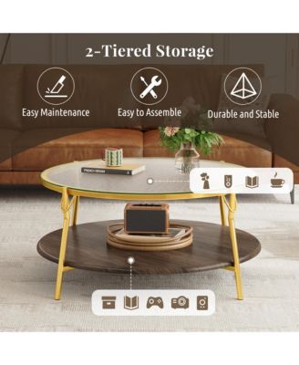 Modern Round Walnut 2-Tiered Coffee Table - Glass Top, Gold Base, Center Table for Living Room