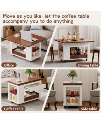 Modern Coffee Table, Multi-Tier Storage Side Table with Foldable Top and Casters, Center Table for Living Room, Home Office