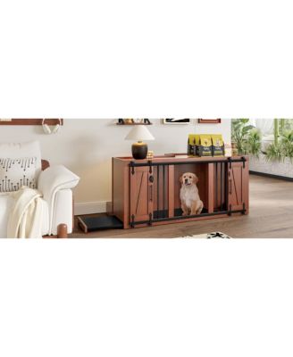 56" Walnut 2-in-1 Dog Crate Furniture with Padded Seat and Sliding Barn Door