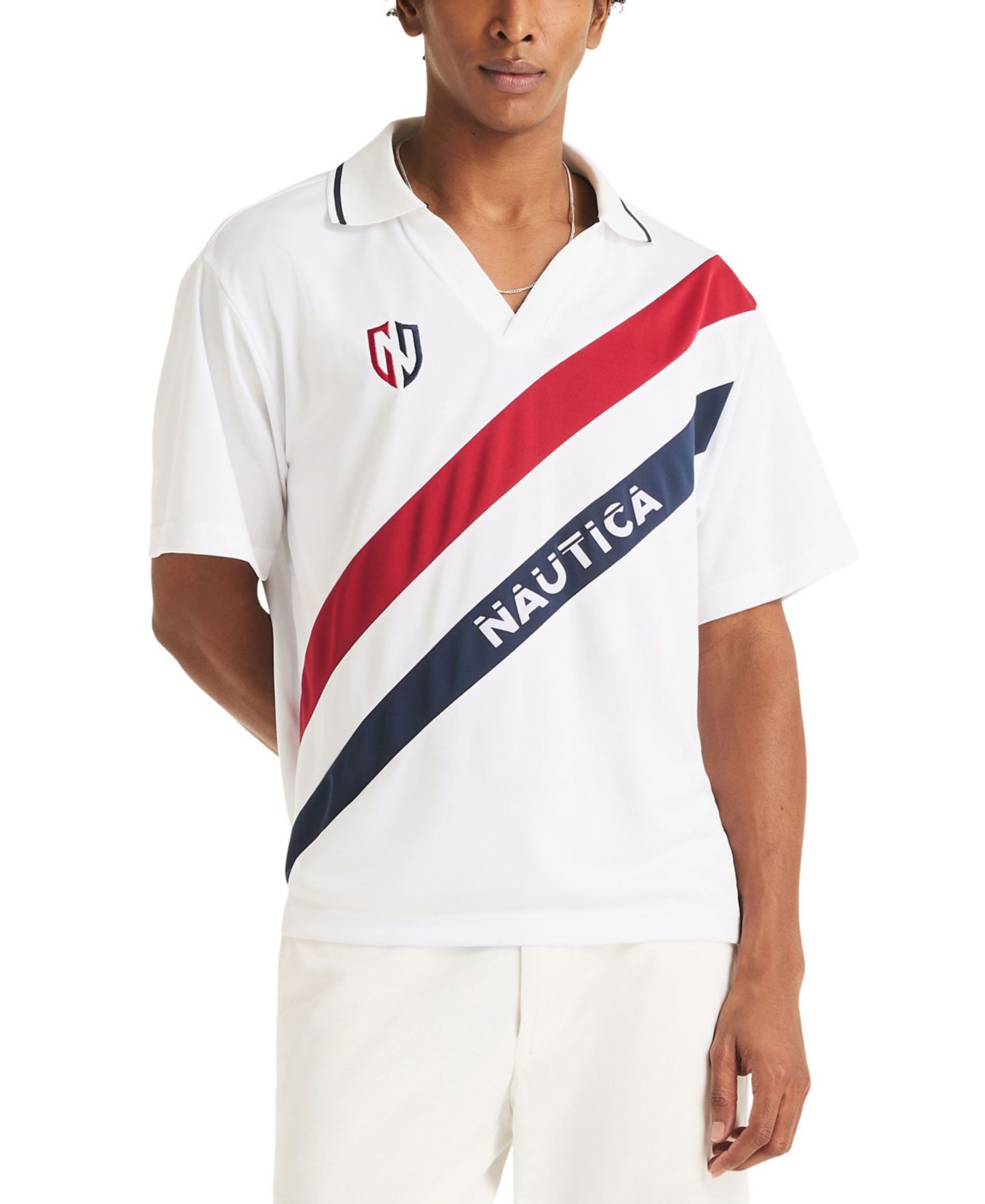 Мужское поло Nautica Diagonal Blocking Johnny Collar Polo Shirt, цвет: Молочный белый — фото 1