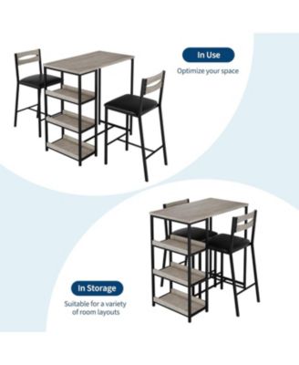 3-Piece Kitchen Table Set with Storage & 2 Upholstered Chairs, Industrial Iron & Wood, Space Saving for Apartments