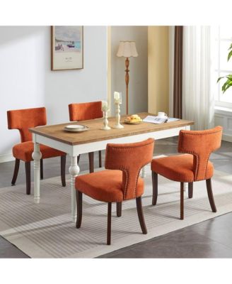 Modern Wooden Dining Chairs Set of 2 - Linen Upholstered Kitchen Chairs with Curved Backrest, Copper Nails for Dining Room