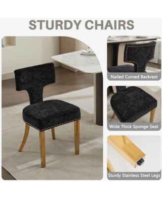 Dining Chairs Set of 2 - Chenille Fabric Upholstered Kitchen Chairs with Curved Backrest, Golden Stainless Steel Legs for Dining Room