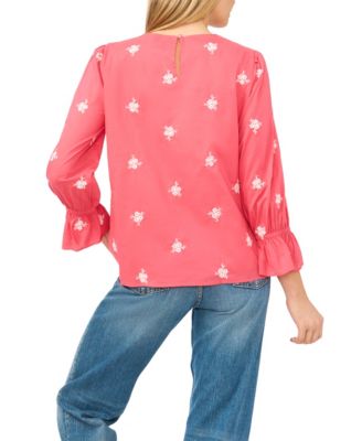 Women's Embroidered Shirred Neck Cotton Blouse