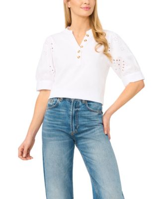 Women's Henley Puff-Sleeve Cotton Top