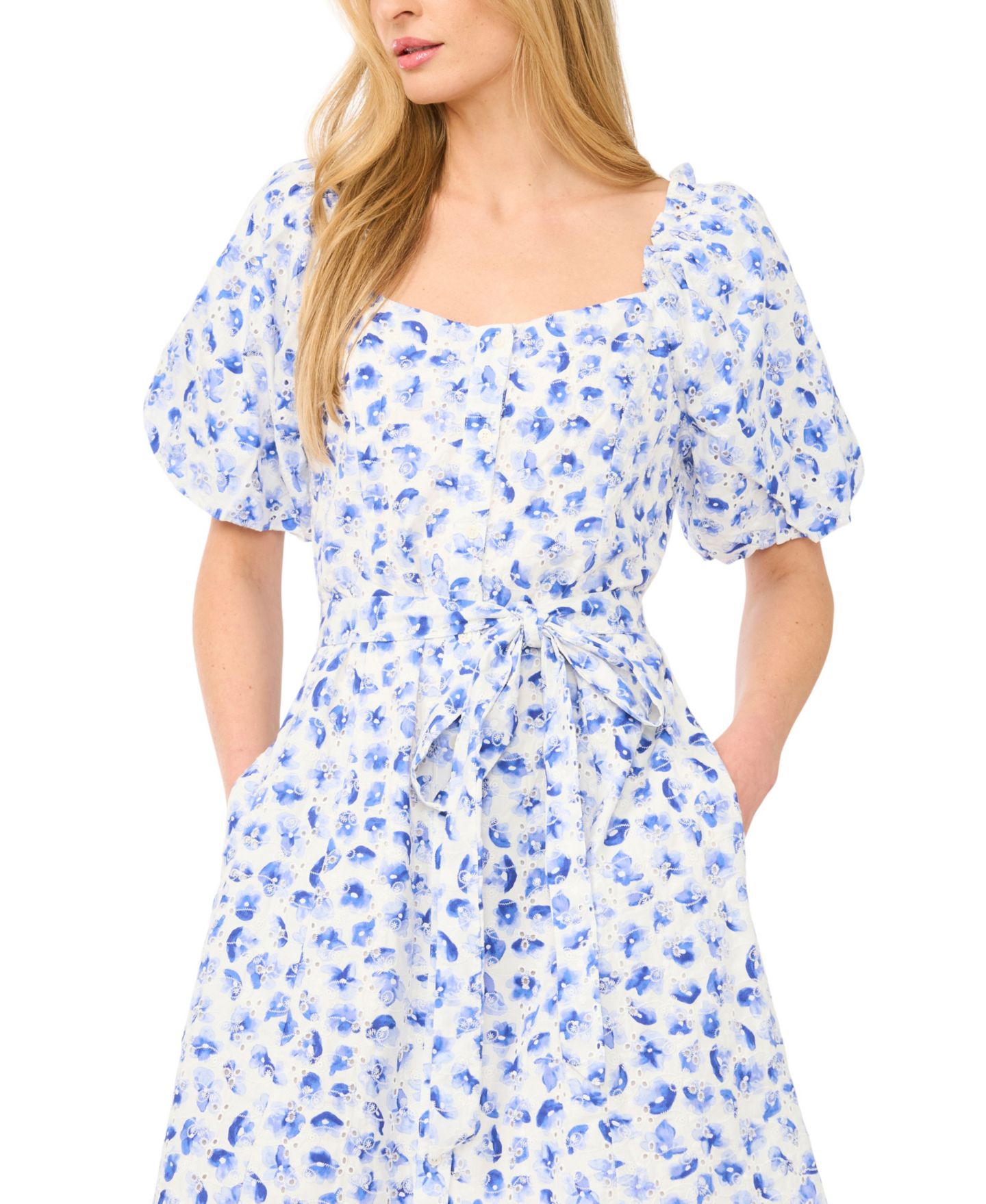 Женское платье CeCe Sweetheart Neck Puff-Sleeve Cotton Midi, цвет: Синий — фото 2