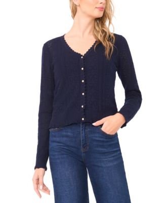 Women's V-Neck Pointelle Cotton Cardigan Sweater