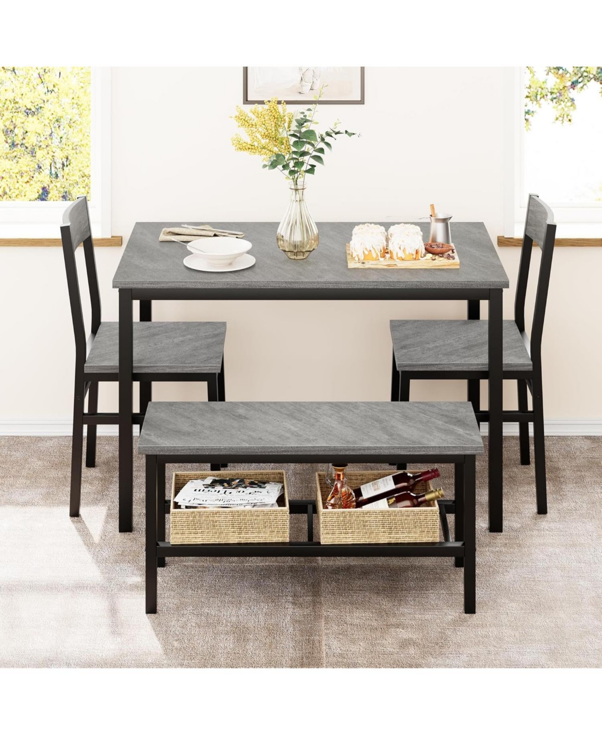 gaomon 4-Piece Dining Table Set with 2 Chairs & Bench, Metal Frame, Storage Rack, Modern Space-Saving Set for Home Restaurant