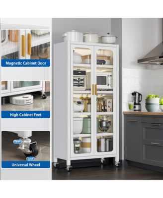5 Tier Metal Display Storage Cabinet with Transparent Door, Adjustable Shelves and Wheels, Food Pantries Cabinets for Kitchen, Dining Room