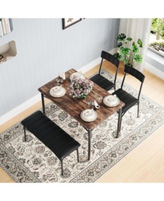 5 Piece Dining Set for 4, Rectangular Metal Frame Table with Bench & Upholstered Chairs, Compact Table for Small Spaces