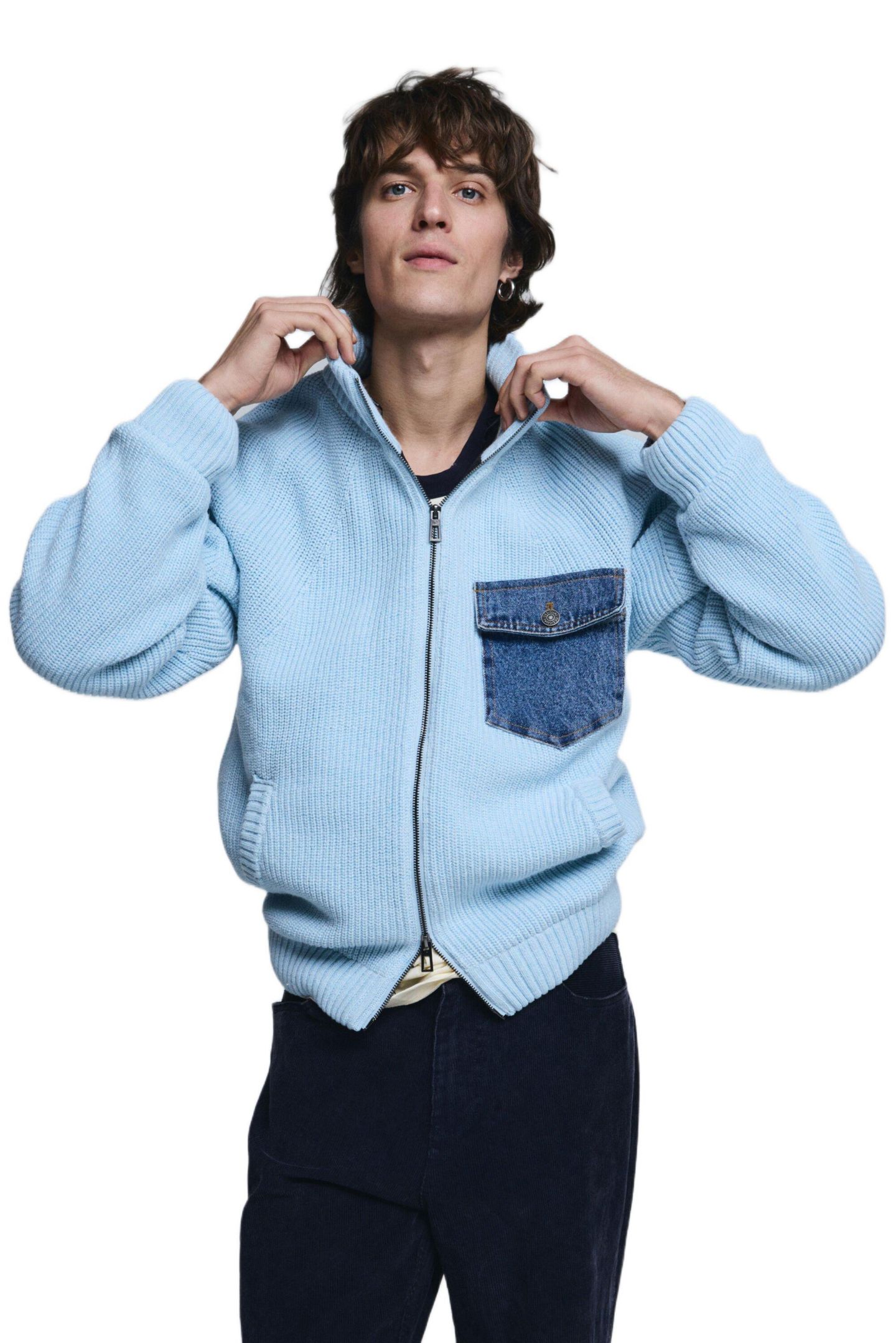 Мужской свитер Desigual Double zipper knit, цвет: Светлый синий — фото 1