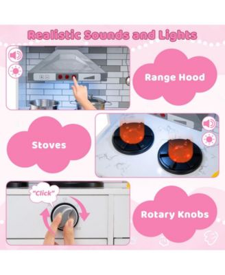 2 Piece Wooden Kids Play Kitchen Set with Refrigerator Sink Stove and Realistic Lights and Sounds