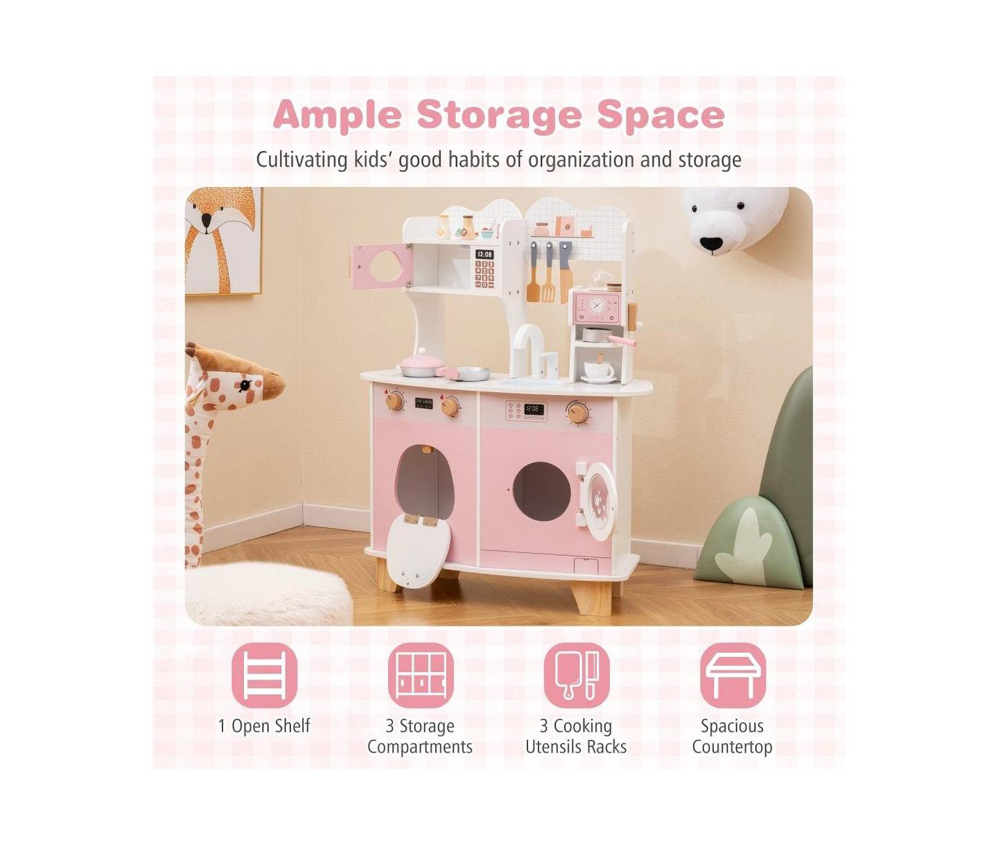 Детский игровой набор HONGGE Coffee Maker Wooden Kitchen Playset, Ages 3+, цвет: Розовый — фото 5