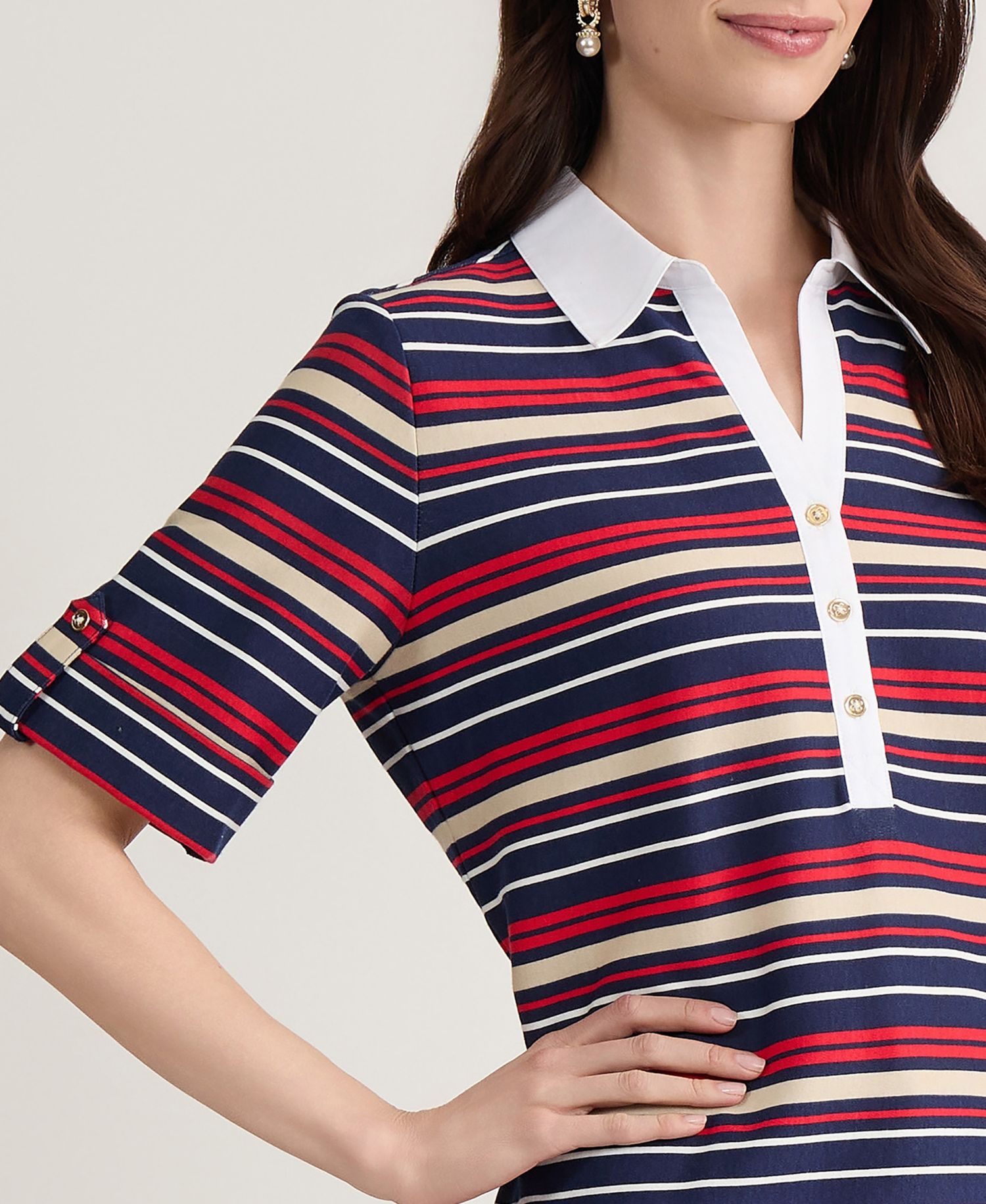 Petite Cuffed Elbow Sleeve Striped Polo